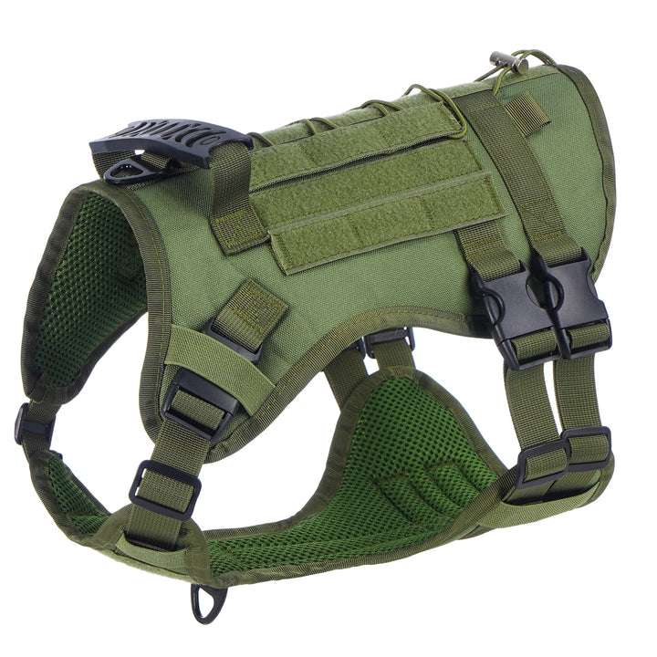 Green tactical dog harness, showing straps, buckles, top handle and mesh padding