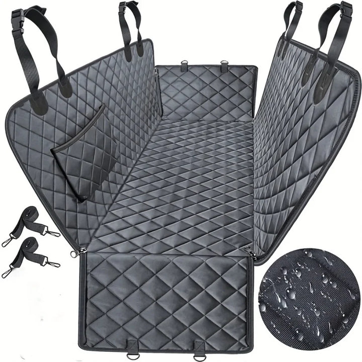 Black quilted hammock dog car seat cover, showing headrest straps, side panels, pockets and two tethers