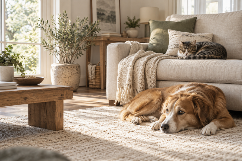 A cat and dog relaxing in a warm, design-conscious home