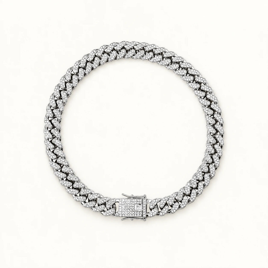 Silver-tone decorative pet chain collar with rhinestone links and clasp