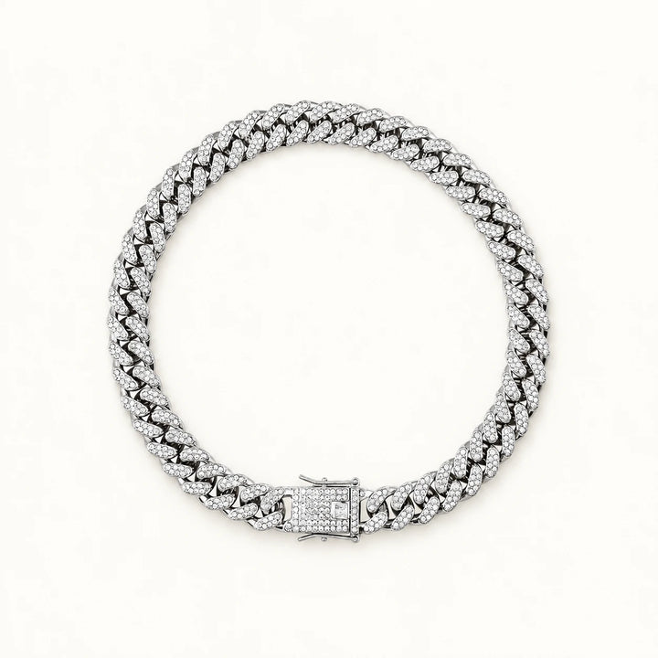 Silver-tone decorative pet chain collar with rhinestone links and clasp