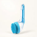 Blue shampoo-dispensing pet bath brush with clear reservoir and fine silicone bristles