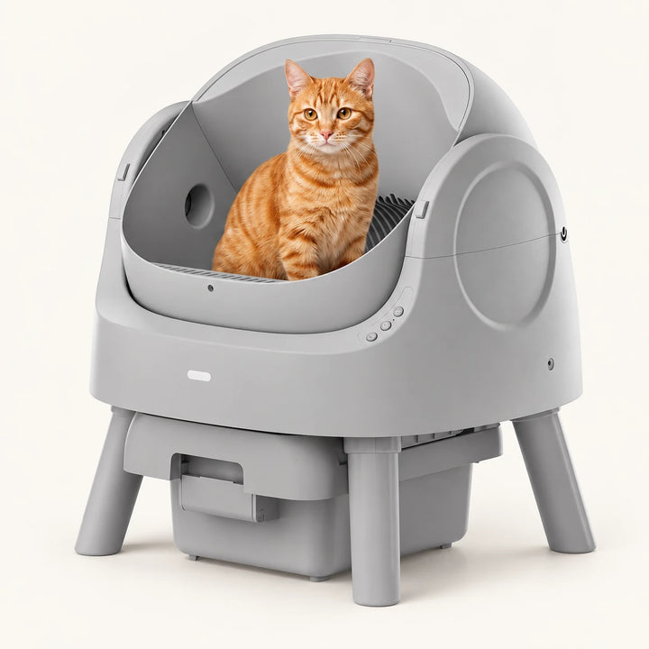 Grey open-top self-cleaning litter box with orange cat, front drawer and control buttons