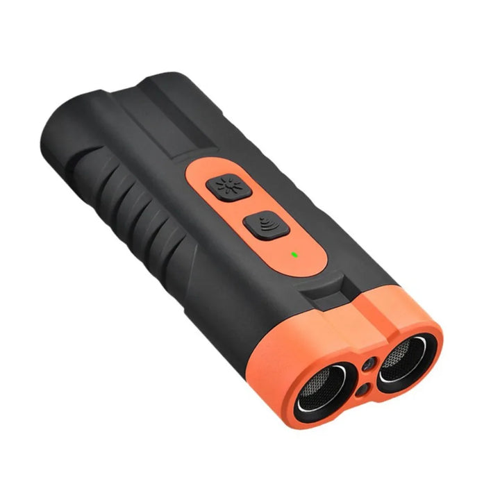Black-and-orange dog training device with two front emitters and two control buttons