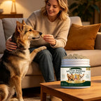 Dog offered a chew at home with original jar shown nearby