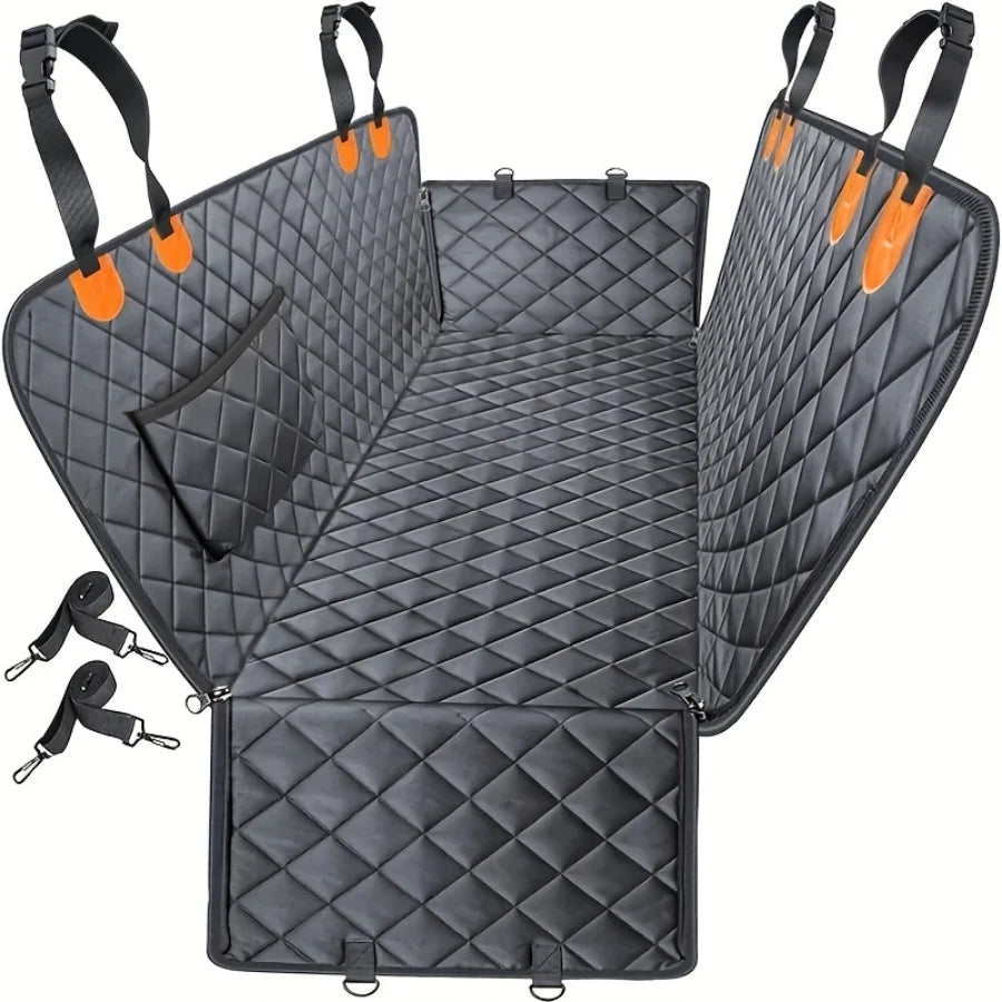 Car seat cover with dark edge trim and orange strap tabs