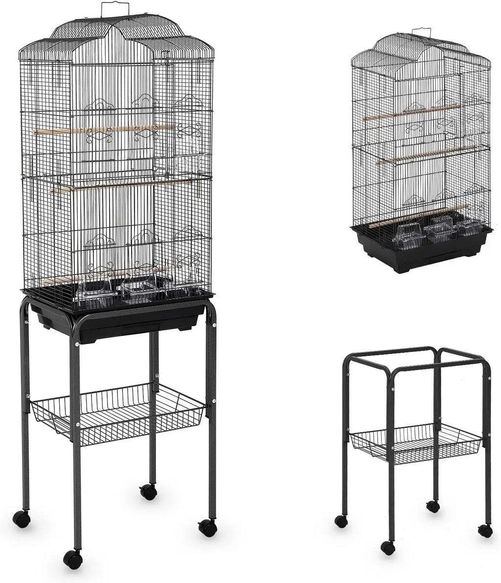 Actual black bird cage and detachable wheeled stand shown assembled and separately