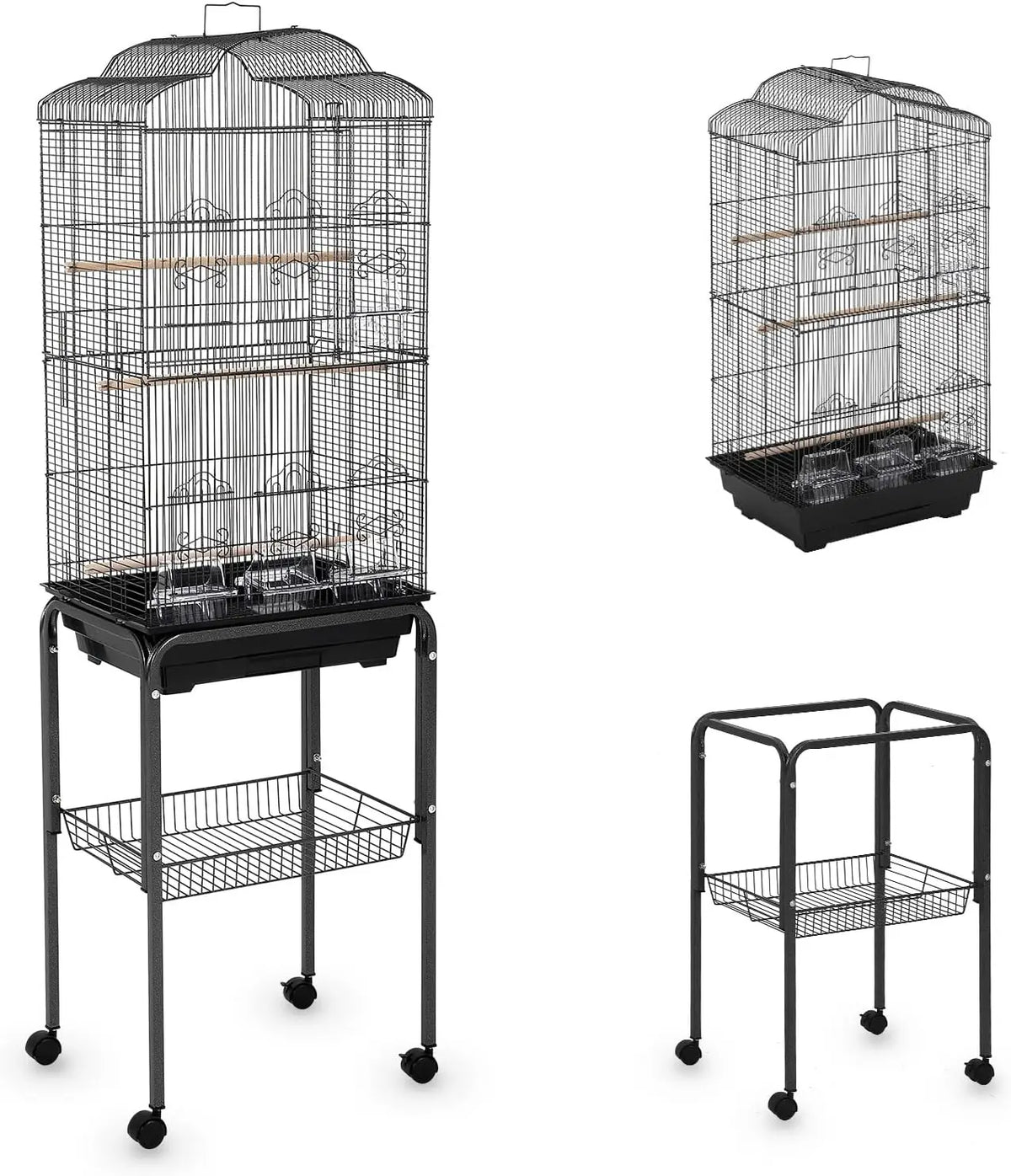 Actual black bird cage and detachable wheeled stand shown assembled and separately