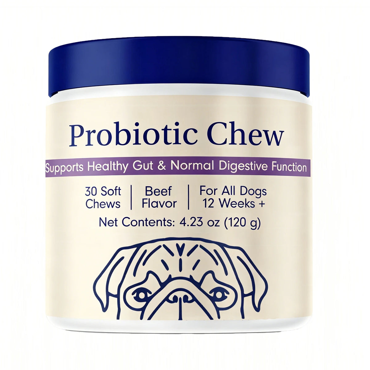 Beef-flavored probiotic dog chews in the original single jar, with blue lid and printed label