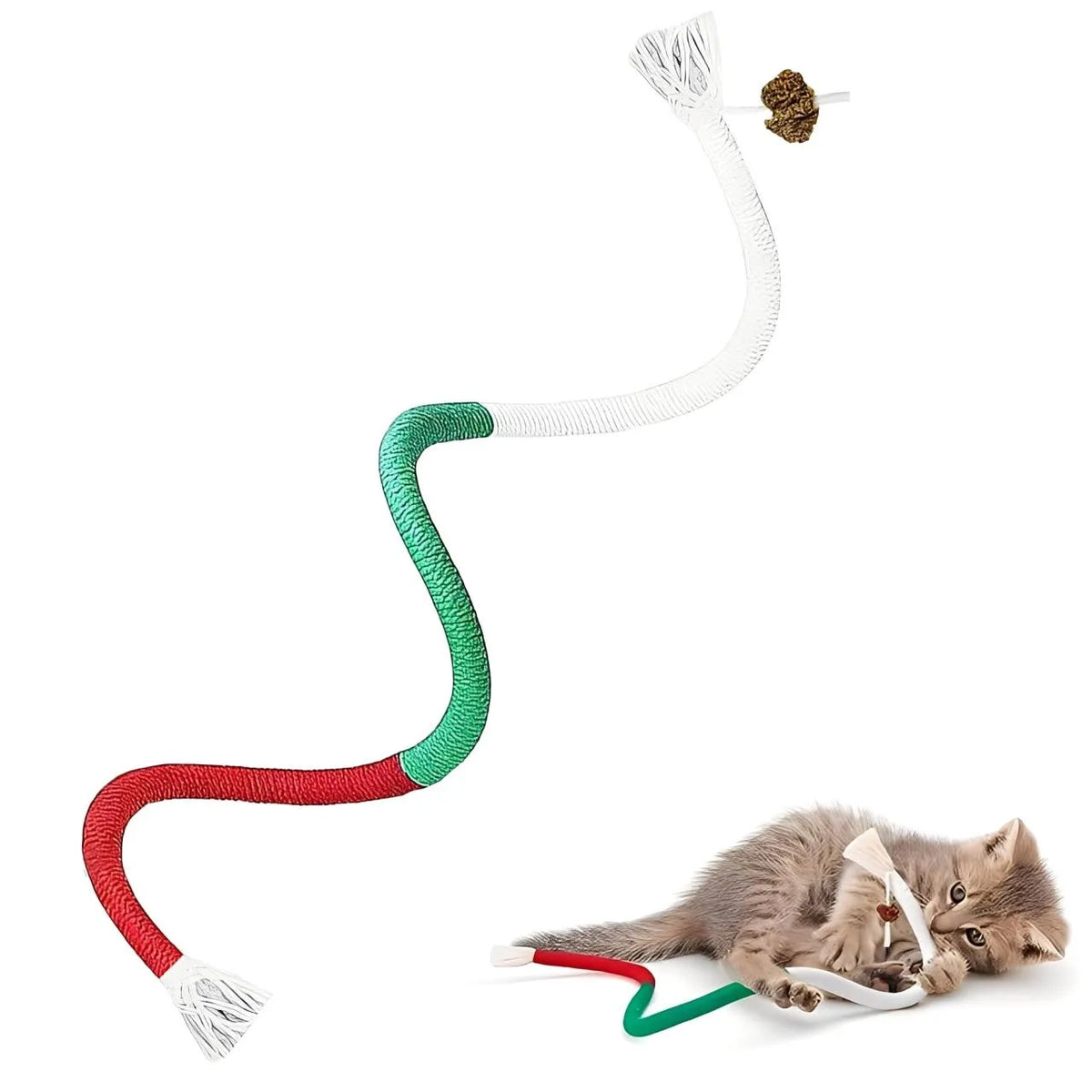 Green, red and white cat rope toy with tassels