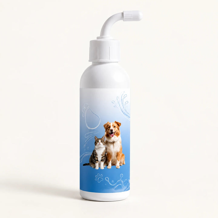 White curved-nozzle pet ear rinse bottle with original blue cat-and-dog label artwork