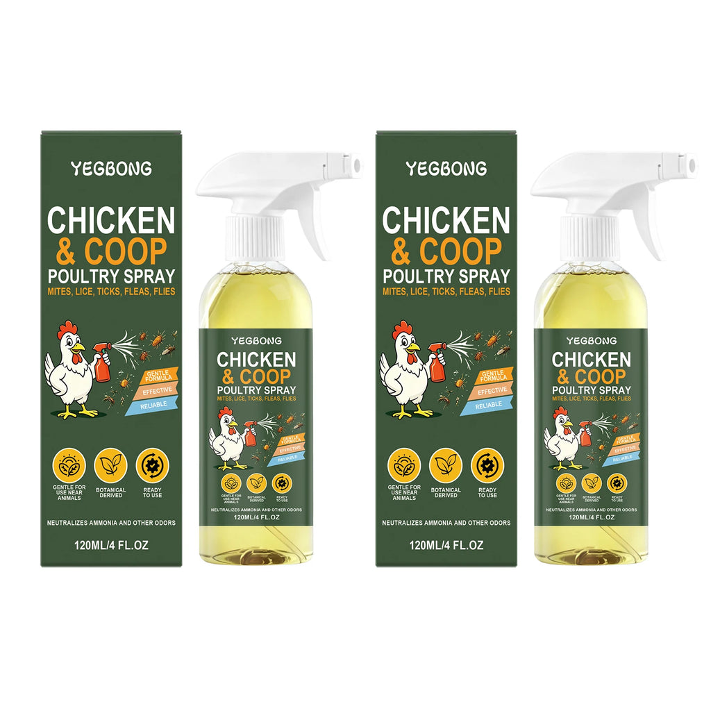 Two bottles of poultry and chicken coop spray with original packaging