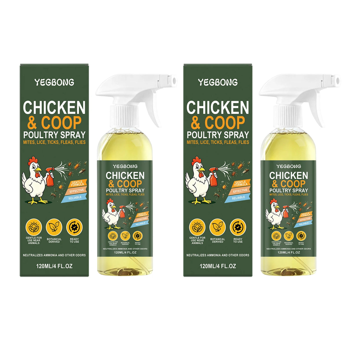 Two bottles of poultry and chicken coop spray with original packaging