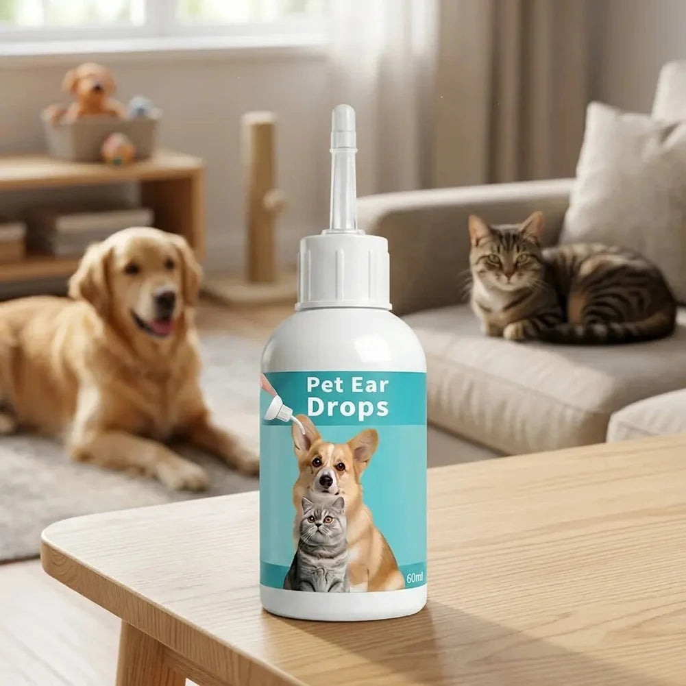 Original pet ear drops bottle shown on a table with a dog and cat in the background