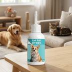 Original pet ear drops bottle shown on a table with a dog and cat in the background