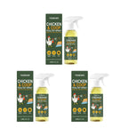 Three bottles of poultry and chicken coop spray with original packaging