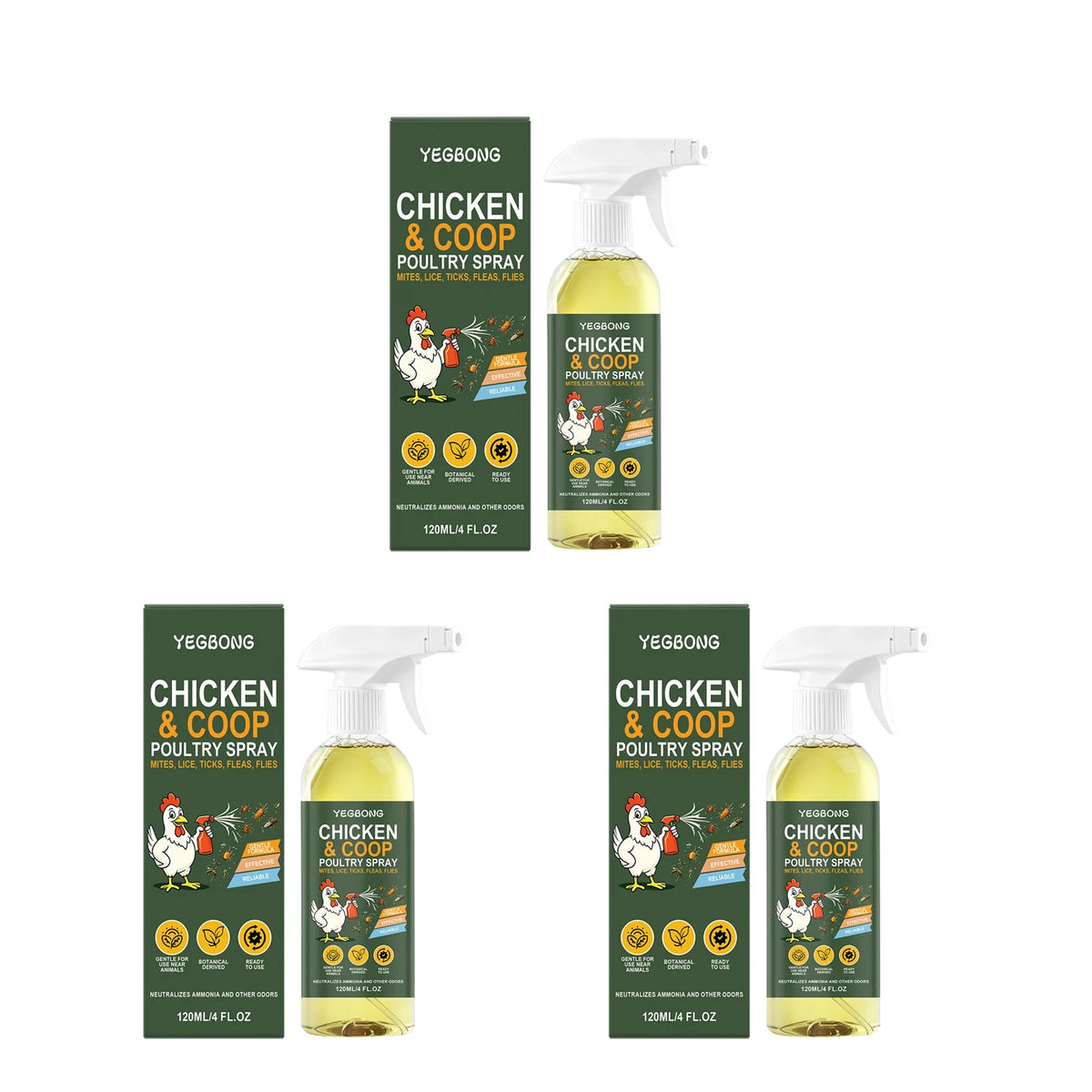 Three bottles of poultry and chicken coop spray with original packaging