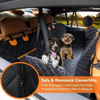 Car seat cover installed as a rear-seat hammock with two dogs