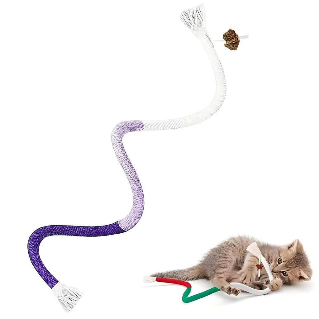 Purple and white cat rope toy with tassels
