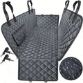 Black quilted hammock dog car seat cover, showing headrest straps, side panels, pockets and two tethers