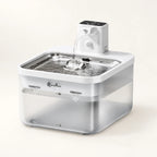 DownyPaws cat water fountain with stainless steel tray, translucent tank and raised sensor tower
