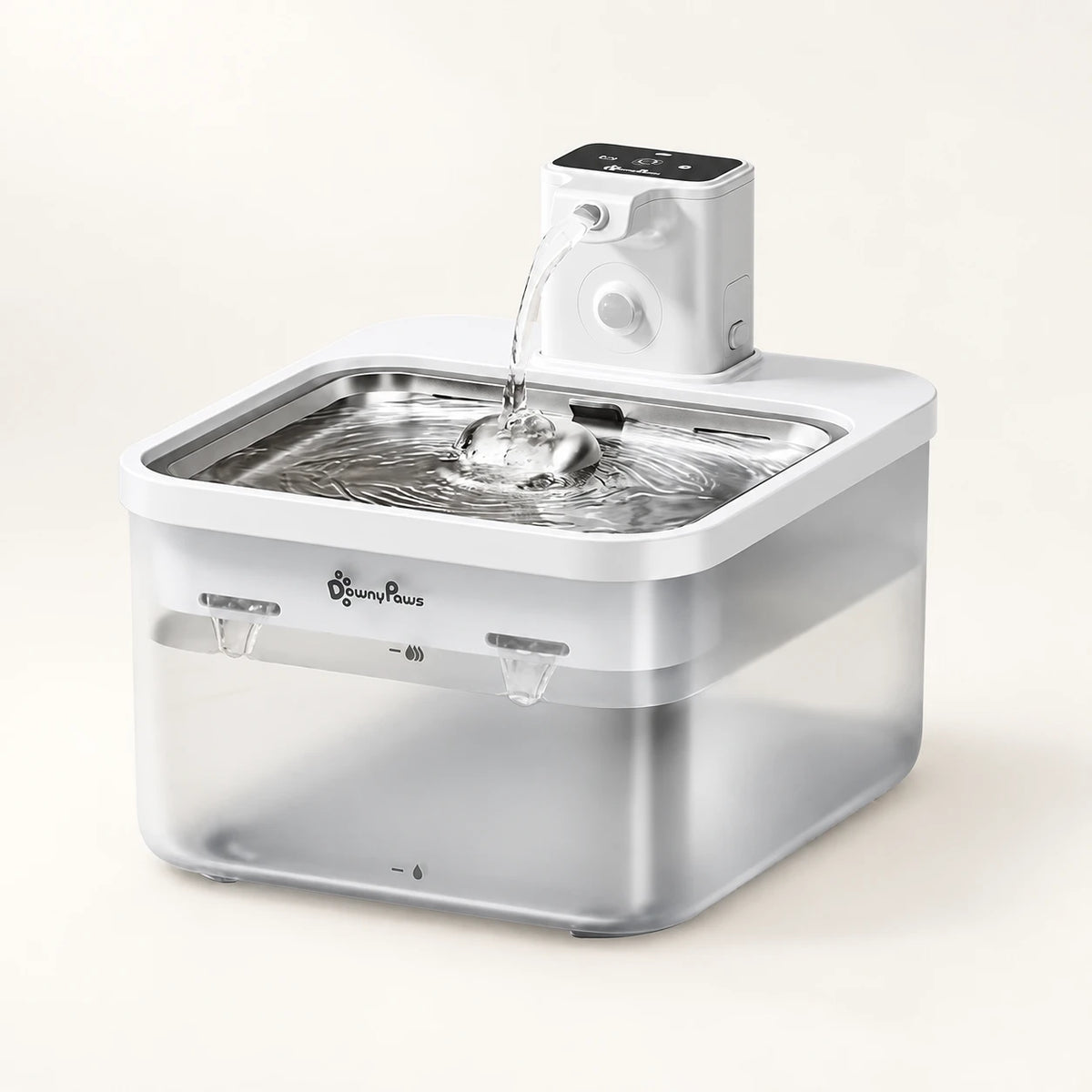 DownyPaws cat water fountain with stainless steel tray, translucent tank and raised sensor tower