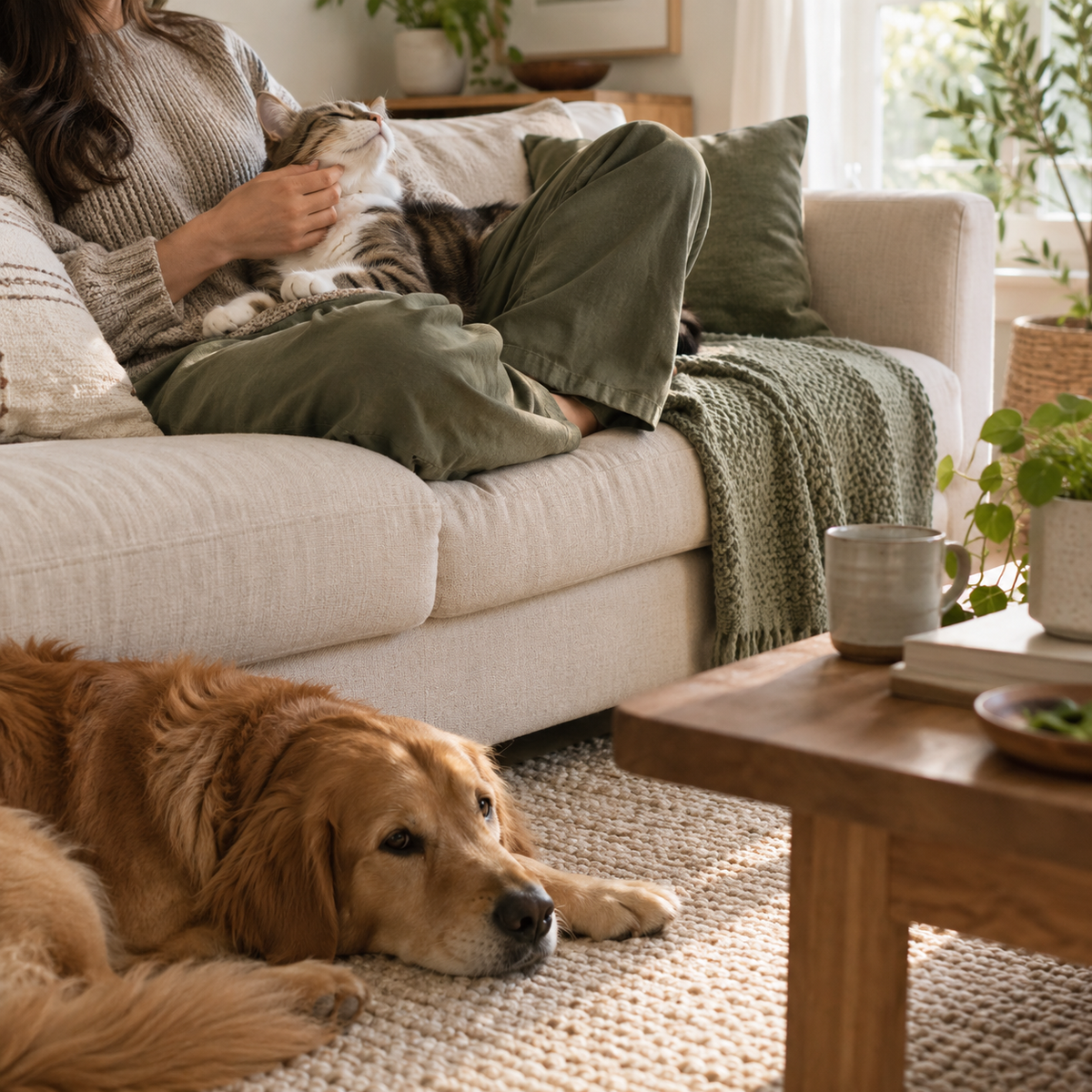 A person sharing a quiet moment at home with a cat and dog